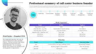 Professional Summary Of Call Center Business Founder Inbound Call Center Business Plan BP SS