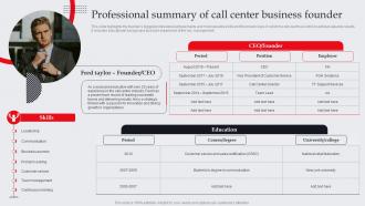Professional Summary Of Call Center Business Founder It And Tech Support Business Plan BP SS