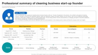 Professional Summary Of Cleaning Business Start Up Founder Janitorial Service Business Plan BP SS