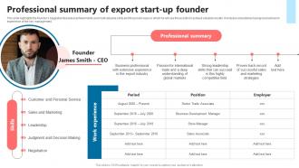 Professional Summary Of Export Start Up Founder Global Commerce Business Plan BP SS