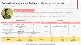 Professional Summary Of Fashion Boutique Start Up Founder Boutique Shop Business Plan BP SS