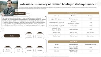 Professional Summary Of Fashion Boutique Start Up Founder Retail Boutique Business Plan BP SS