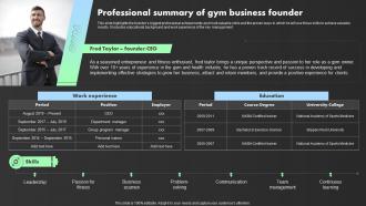 Professional Summary Of Gym Business Founder Crossfit Gym Business Plan BP SS