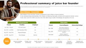 Professional Summary Of Juice Bar Founder Organic Juice Bar Franchise BP SS