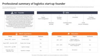 Professional Summary Of Logistics Start Up Founder Logistics Company Business Plan BP SS