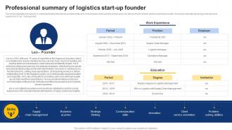 Professional Summary Of Logistics Start Up Founder On Demand Logistics Business Plan BP SS