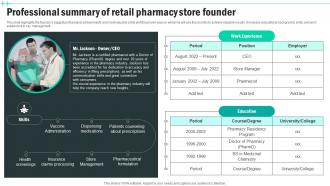 Professional Summary Of Retail Pharmacy Store Founder Medical Supply Business Plan BP SS
