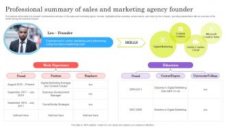 Professional Summary Of Sales And Marketing Agency Founder Strategic Sales And Marketing Ppt Sample