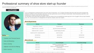 Professional Summary Of Shoe Store Start Up Founder Business Plan For Shoe Retail Store BP SS