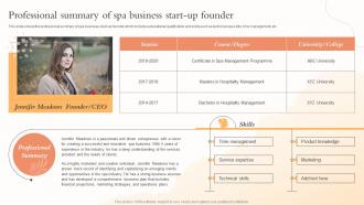 Professional Summary Of Spa Business Start Up Founder Health And Beauty Center BP SS