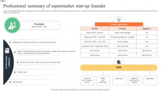 Professional Summary Of Supermarket Start Up Founder Superstore Business Plan BP SS