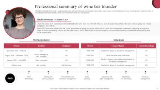 Professional Summary Of Wine Bar Founder Wine Cellar Business Plan BP SS