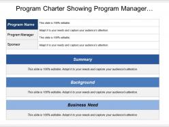 Program charter showing program manager summary background and business needs