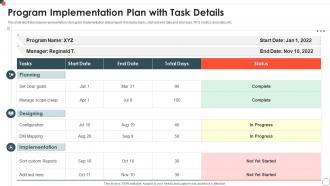 Program Implementation Plan With Task Details