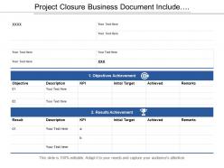 Project closure business document include result and objective achievements detail