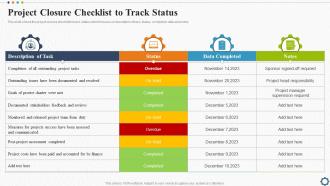 Project Closure Checklist To Track Status Strategic Plan For Project Lifecycle