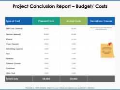 Project conclusion report budget costs planned ppt powerpoint presentation list