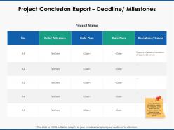 Project conclusion report deadline milestones table powerpoint presentation file