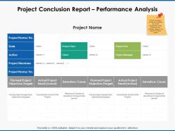 Project conclusion report performance analysis planned project ppt powerpoint slides