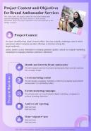 Project Context And Objectives For Brand Ambassador Services One Pager Sample Example Document