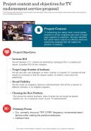 Project Context And Objectives For Tv Endorsement Service Proposal One Pager Sample Example Document