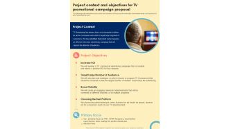 Project Context And Objectives TV Promotional Campaign One Pager Sample Example Document