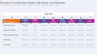 Project coordination sheet with status and remarks