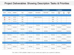 Project deliverables showing description tasks and priorities