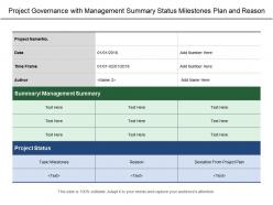 Project governance with management summary status milestones plan and reason