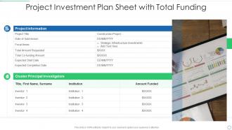 Project investment plan sheet with total funding