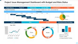 Project issue management dashboard with budget and risks status