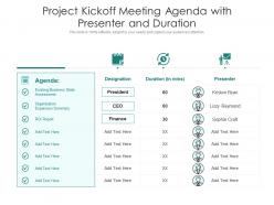 Project kickoff meeting agenda with presenter and duration