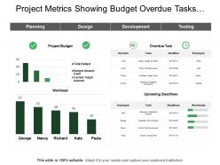 Project metrics showing budget overdue tasks workload