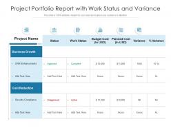 Project portfolio report with work status and variance