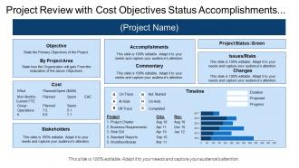 Project review with cost objectives status accomplishments changes