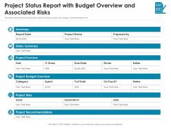 Project status report with budget overview and associated risks