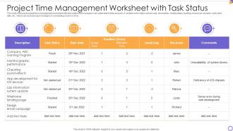 Project Time Management Worksheet With Task Status
