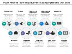 Public finance technology business scaling ingredients with icons