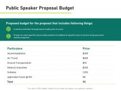 Public speaker proposal budget accommodations ppt presentation summary slideshow