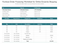 Purchase order processing worksheet for online groceries shopping