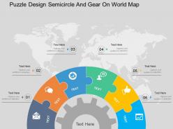 Puzzle design semicircle and gear on world map ppt presentation slides