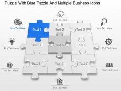 Puzzle with blue puzzle and multiple business icons powerpoint template slide