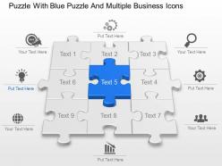 Puzzle with blue puzzle and multiple business icons powerpoint template slide