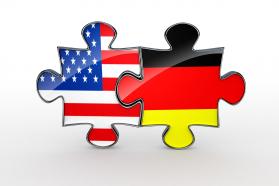 Puzzles of flags for america and germany stock photo
