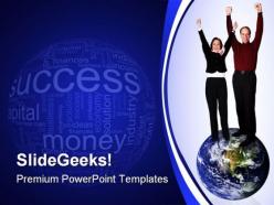 Business couple on top globe powerpoint backgrounds and templates 0111