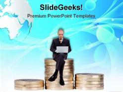 Businessman Sitting On Money Finance PowerPoint Templates And PowerPoint Backgrounds 0911