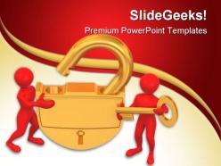 Golden lock with key security powerpoint templates and powerpoint backgrounds 0211