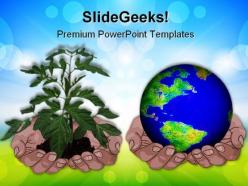 Hands holding globe and plant environment powerpoint templates and powerpoint backgrounds 0311