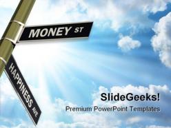 Money st happiness ave road sign symbol powerpoint templates and powerpoint backgrounds 0811