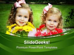 Two sisters with flowers children powerpoint templates and powerpoint backgrounds 0311